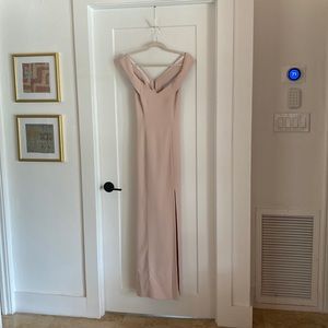 Dessy Off-the-Shoulder Criss Cross Back Trumpet Gown in Cameo